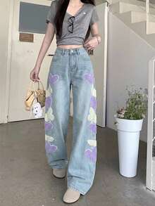 休闲蝴蝶心形牛仔口袋拉链猫须图案高腰女式牛仔裤，适合日常穿着和所有季节 - 藍色 - 查看 1