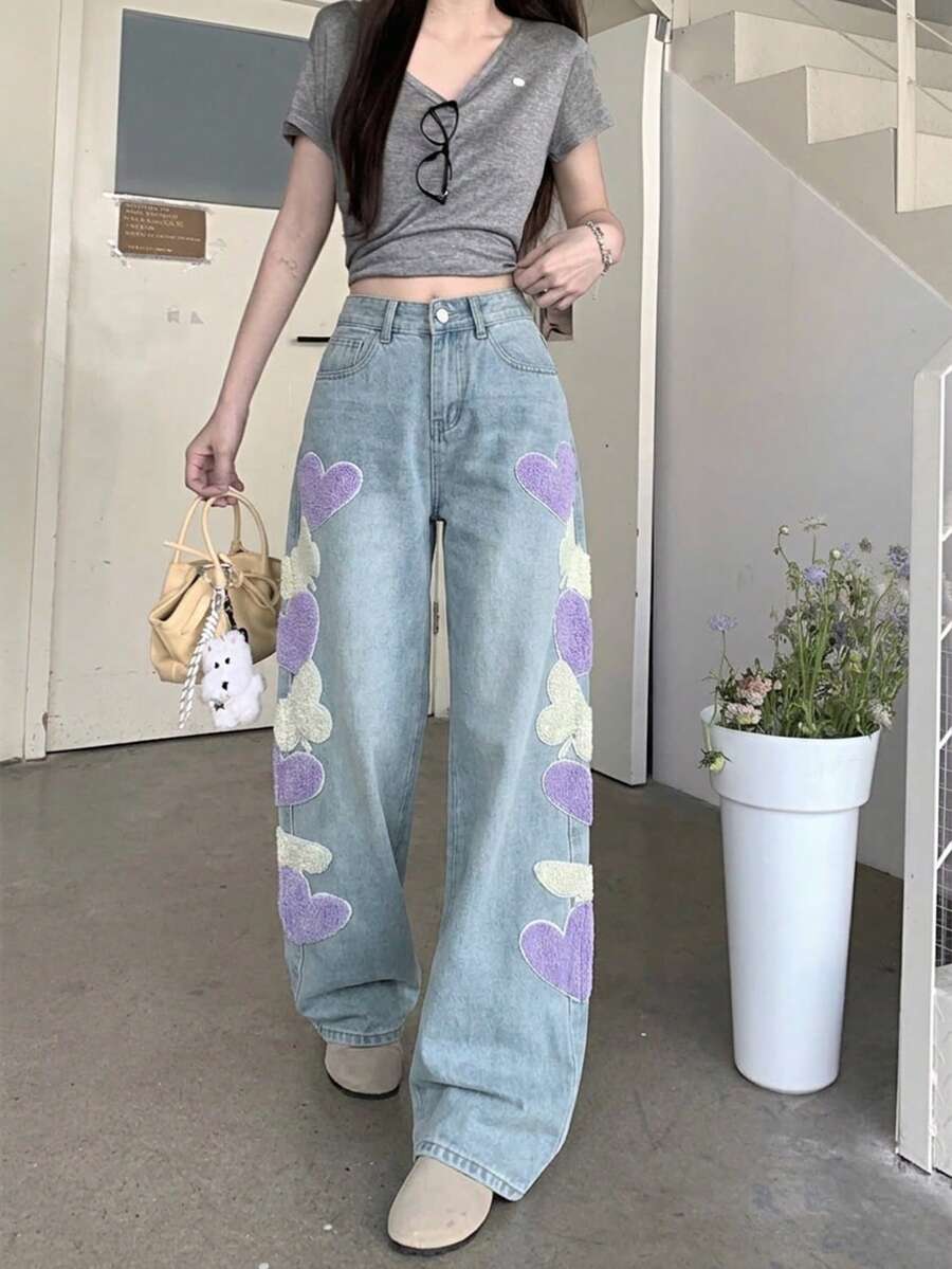 休闲蝴蝶心形牛仔口袋拉链猫须图案高腰女式牛仔裤，适合日常穿着和所有季节 - 藍色 - 查看 1