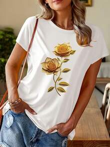 Soft 100% Cotton T-Shirt With A Metallic Texture And Openwork Design, Elegant Rose Print, Short Sleeves, Regular Fit, Round Neck, Women's Spring/Summer Casual Outdoor Wear, Lightweight And Breathable Fabric, Ideal Gift For Daughter, Sister, Birthday, Best Friend, Mother, Family. Breathable Cotton T-Shirt, Goes With Everything. - 白色 - 查看 6