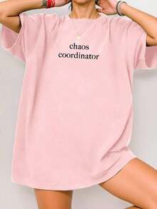 Women's Casual Black Loose Fit T-Shirt With Slogan By Chaos Coordinator - 粉色 - 查看 1