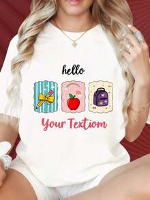 Women's "Hello Back To School" T-Shirt With Personalized Name, Apple Pencil Design, And Backpack. Suitable For Family Gatherings, Christmas Parties, Sports Activities, Holiday Parties, Outings, And Other Festive Gifts. Casual. - 白色 - 查看 1