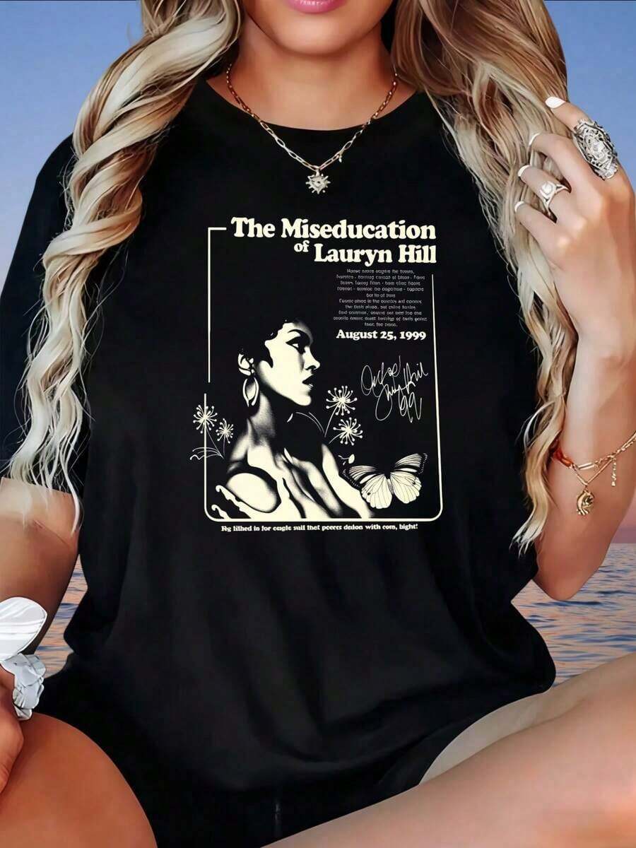 Camiseta Casual de Manga Corta para Mujer Talla Grande con Estampado de Frases y Figuras, Cuello Oblicuo Holgado, Estilo Casual - Negro - Ver 1