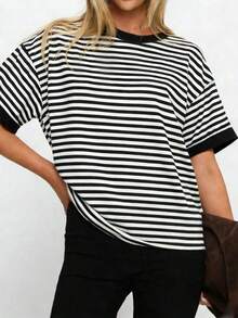 casual de mujer  de cuello redondo holgado, camiseta de manga corta a rayas con parches minimalista de color contrastante, adecuada para uso diario, ir al trabajo y verano en casa, color rosa - Negro - Ver 3