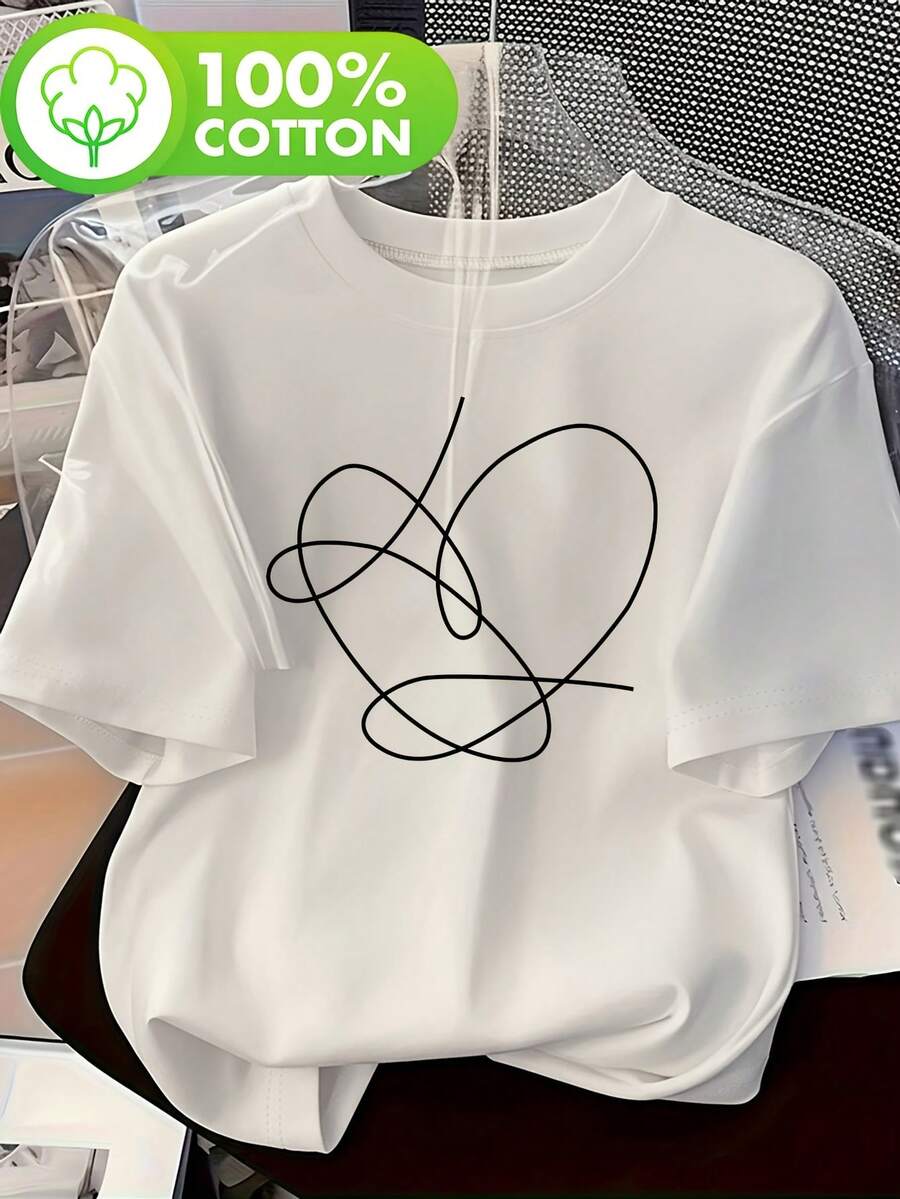 Talla Grande, Camiseta de Algodón de Manga Corta con Estampado de Líneas Abstractas Entrelazadas para Mujer, Cuello Redondo, Estilo Casual - Blanco - Ver 1