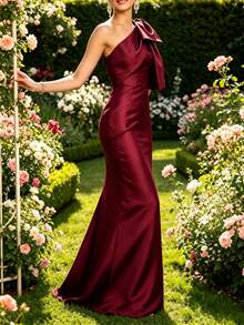 Elastic Satin Asymmetric Neck Fitted Cocktail Dress - Burgundy - View 4