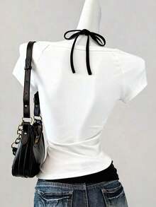 Camiseta de mujer casual de cuello en V retro, con atar, de manga corta y contraste de color, adecuada para el verano - Blanco 3 - Ver 2