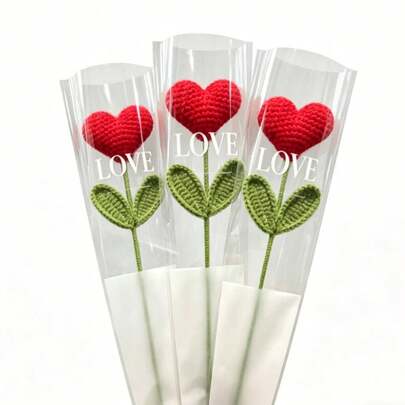 1/3 Pcs Handmade Crochet Heart Flower Bouquet, Knitted Heart Shaped Artificial Flower With Green Stem, Double Leaves Hand Woven Heart Flower Arrangement, Ideal Gift For Valentine's Day, Mother's Day, Graduation Ceremony, Thanksgiving, Teacher's Day, Birthday And Special Occasions, Perfect For Home Decor, Wedding Hand Bouquet, Festival Souvenir Gifts And Best Friend Birthday Present Supplies
