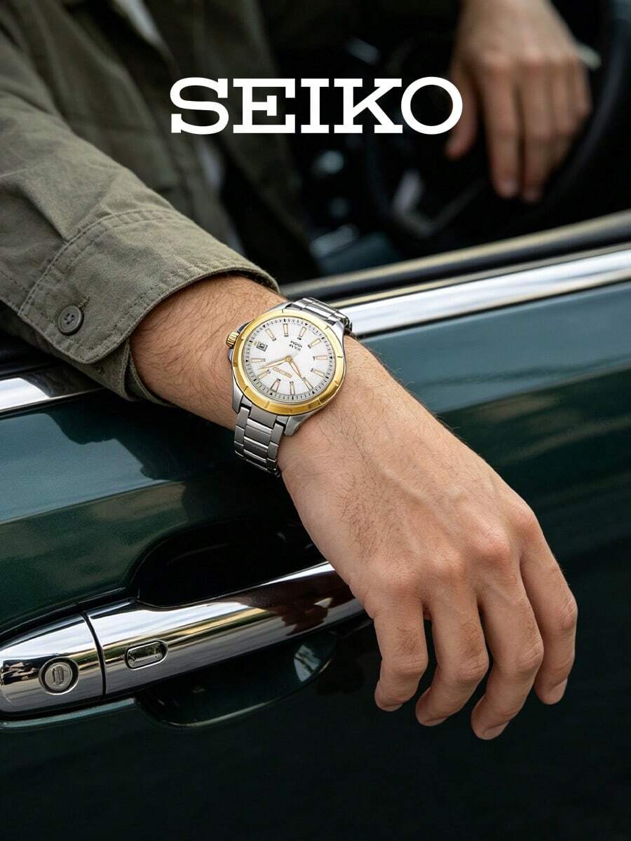 Seiko SNE084J1 男士太阳能石英表,白色表盘搭配双色不锈钢表带,经典商务休闲腕表,带日期显示,男士礼品 - 銀色 - 查看 1