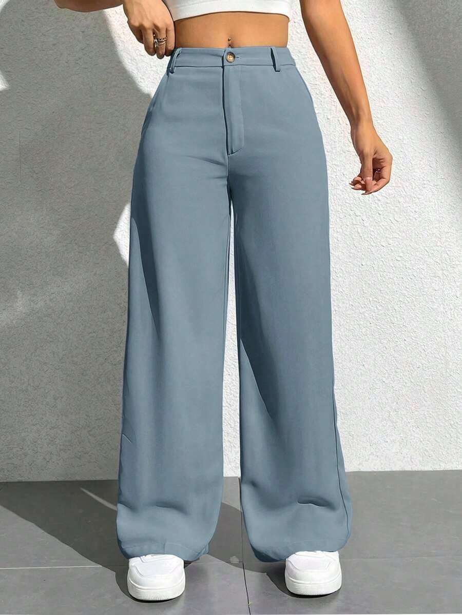 Pantalones anchos de unicolor informal para mujeres - Azul - Ver 1