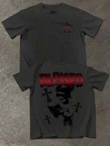 Manfinity  Camiseta casual de hombre con estampado de cruz y letras, verano - Gris Oscuro - Ver 2