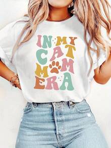 1 Women's Short Sleeve T-Shirt With "IN MY CAT MOM ERA" Letter Print, Fun Cat Design, Perfect For Cat Lovers, Fashionable And Comfortable, Versatile For Everyday Wear, Ideal For Women And Young Girls, All Seasons Woven Polyester T-Shirt, Gift For Birthdays And Holidays, Y2K Style T-Shirt. - 白色 - 查看 10