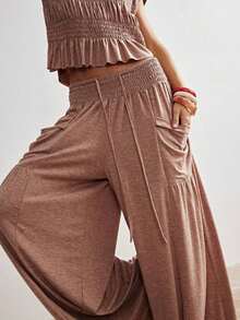 BohoFeels Set de 2 piezas: Camiseta de punto holgada de cuello redondo de unicolor y pantalones anchos de cintura alta para mujer - Óxido marrón - Ver 8