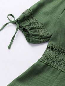 Clasi Vestido mini de manga abullonada con ribete de encaje de unicolor para mujer, para verano - Verde 2 - Ver 5