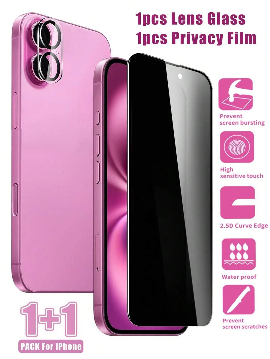 MIGAE Set combinado 2 en 1 - 1 Protector de pantalla de vidrio templado para iPhone 16 Plus Protector de pantalla de privacidad + 1 Protector de lente de cámara, compatible con iPhone 17 Pro Max, 17 Pro Max, 17, 16 Pro Max, 16, 15 Pro Max, 15, 14 Pro Max, 13, 12 y 11. Dureza 9H, protector de pantalla de privacidad y a prueba de roturas de doble capa, fácil instalación, accesorio para teléfono, compatible con fundas de teléfono. - Negro - Ver 1