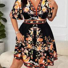 Holidaya Plus Size Women V-Neck Retro Print Casual Dress Curvy Summer Dresses Plus Size Floral Dress Plus Size Vacation Dress Women Summer Dresses Plus - Naranja - Ver 1