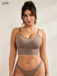 Women's Seamless Sports Bra With Thin Padding, Wireless, Enhancing Uplift, Shock Proof & Anti-Sagging - Khaki - View 8