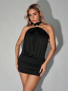 ICON Fitted Mini Dress With High Neck, Open Back And Ruffles - Black - View 6