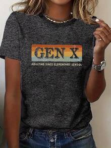 Plus Size - Plus Size - A Vintage-Style Women's T-Shirt With Colorful Striped Patterns And The Texts 'GEN X' And 'ADULTING SINCE ELEMENTARY', Designed In Plus Sizes With A Round Neck. - Dark Grey - View 1