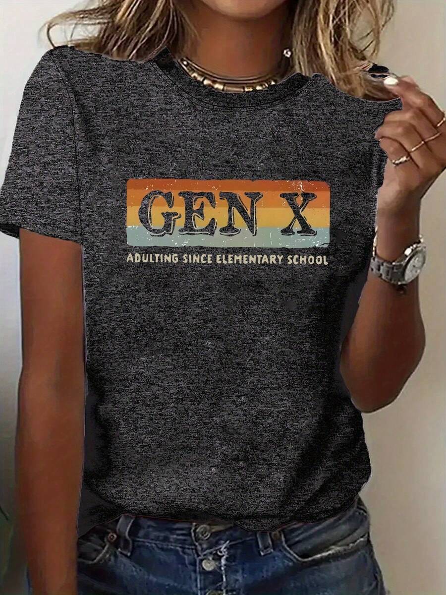 Plus Size - Plus Size - A Vintage-Style Women's T-Shirt With Colorful Striped Patterns And The Texts 'GEN X' And 'ADULTING SINCE ELEMENTARY', Designed In Plus Sizes With A Round Neck. - Dark Grey - View 1