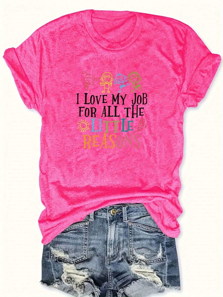Talla Grande, Camiseta Casual de Manga Corta con Estampado y Cuello Redondo, para Verano y Primavera, Ropa de Talla Grande para Mujer - Rosa Fucsia - Ver 1