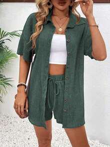 Conjunto de 2 piezas con blusa de manga corta de cuello de botones y shorts con lazo delantero, sencillo, para mujer - Verde Oscuro - Ver 6