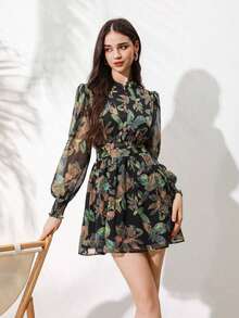 Revavyn Revavyn Vestido de manga farol con estampado completo, outfit de vacaciones para mujer - Multicolor - Ver 6