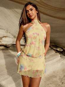 Vestido mini con estampado de lunares y espalda descubierta para mujer - Amarillo 3 - Ver 6