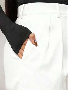 Pantalones anchos de pierna ancha de satén negro sueltos y minimalistas modernos para mujer, pantalones largos de oficina, pantalones anchos negros, pantalones anchos de cintura alta, pantalones de traje negros, pantalones largos de satén, pantalo - Blanco - Ver 3