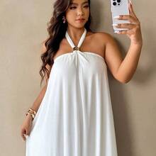 New Summer White Halter Loose A-Line Dress, Suitable For Beach, Party, Wedding, Valentine's Day, Cocktail, Sexy, Commute, Elegant Romantic, Birthday Party, Music Festival, White Dress With Metal Buckle/White Dress For Prom/Wedding Season/Valentine's Day/Party/Sexy/Commuting/Elegant And Romantic/Birthday Party/Music Festival/ - Blanco - Ver 3
