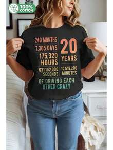 Funny T-Shirt For 20 Years Of Marriage, Graphic Print T-Shirt For 20th Wedding Anniversary, Women's Top - 白色 - 查看 11