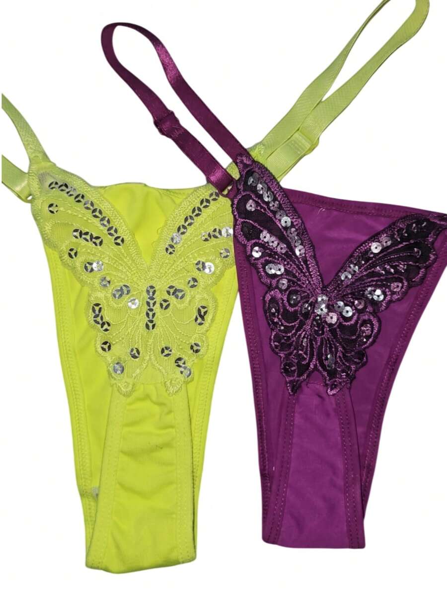 Butterfly Panties Kit 2 Microfiber Thong Lingerie Sexy Sensual Adjustable G-String - Amarillo neón y morado - Ver 1