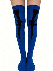 Unisex Solid Color Minimalist Streetwear Thigh High Socks, Mysterious Party Celebration Striped Knee-High Socks - Black and White - View 30
