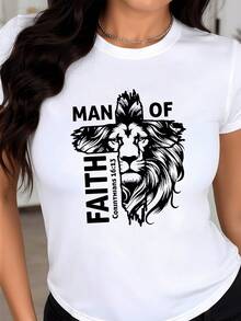 Cruz con rostro de león simbolizando valentía fuerza espiritual y fe profunda inspirada en un mensaje bíblico poderoso camiseta de mujer ajustada casual moderna y cómoda para uso diario - Blanco - Ver 8