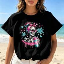 Women's Cotton Short Sleeve T-Shirt with Funky Skull Print for Beach Outings and Summer Fun, Medium Stretch Crew Neck Top - Negro - Ver 2