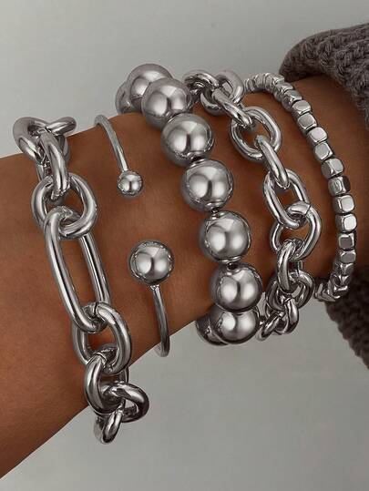 5pcs Set Exaggerated Minimalist Personalized Hip-Hop Style Multi-Layer Beaded Thick Chain Bracelets, Fashionable High-Quality Bracelet Set Suitable For Daily Wear