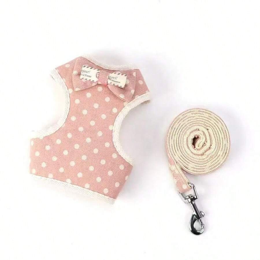 Süßes rosa Punkte Haustier Geschirr + Leine Set, geeignet für Frühling/Sommer Outdoor Camping, Spazierengehen mit Hunden/Katzen, verstellbarer Brustgurt, weiches & bequemes Haustier Outdoor Aktivität Zubehör - Pink - Übersicht 1