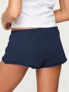 Women's Summer Drawstring Shorts Solid Color Low Waist Casual Breathable Short Pants - Navy Blue - View 3