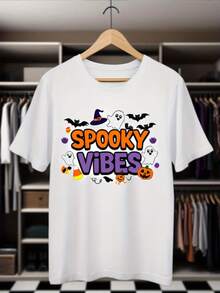 Camiseta de Halloween blanca de gran tamaño de las mujeres - espeluznante, murciélago, sombrero de bruja e impresión de calabaza con letras SPOOKY VIBES - Top de cuello de la tulación de manga corta informal para fiestas de disfraces, tre informal - idea de regalo de verano y todo el año transpirable - Blanco - Ver 2