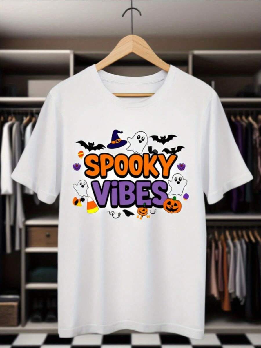 Camiseta de Halloween blanca de gran tamaño de las mujeres - espeluznante, murciélago, sombrero de bruja e impresión de calabaza con letras SPOOKY VIBES - Top de cuello de la tulación de manga corta informal para fiestas de disfraces, tre informal - idea de regalo de verano y todo el año transpirable