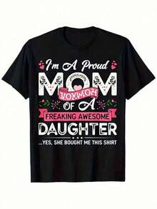 Camiseta de mujer estilo "Proud Mom" con dise￱o gr£fico - Base negra con texto blanco, rosa y rojo y patr￳n floral | Dise￱o con forma de coraz￳n con lemas divertidos | El regalo perfecto para hijas y madres que aman el humor | Parte superior vers£til de uso diario 100% algod￳n - Negro - Ver 2