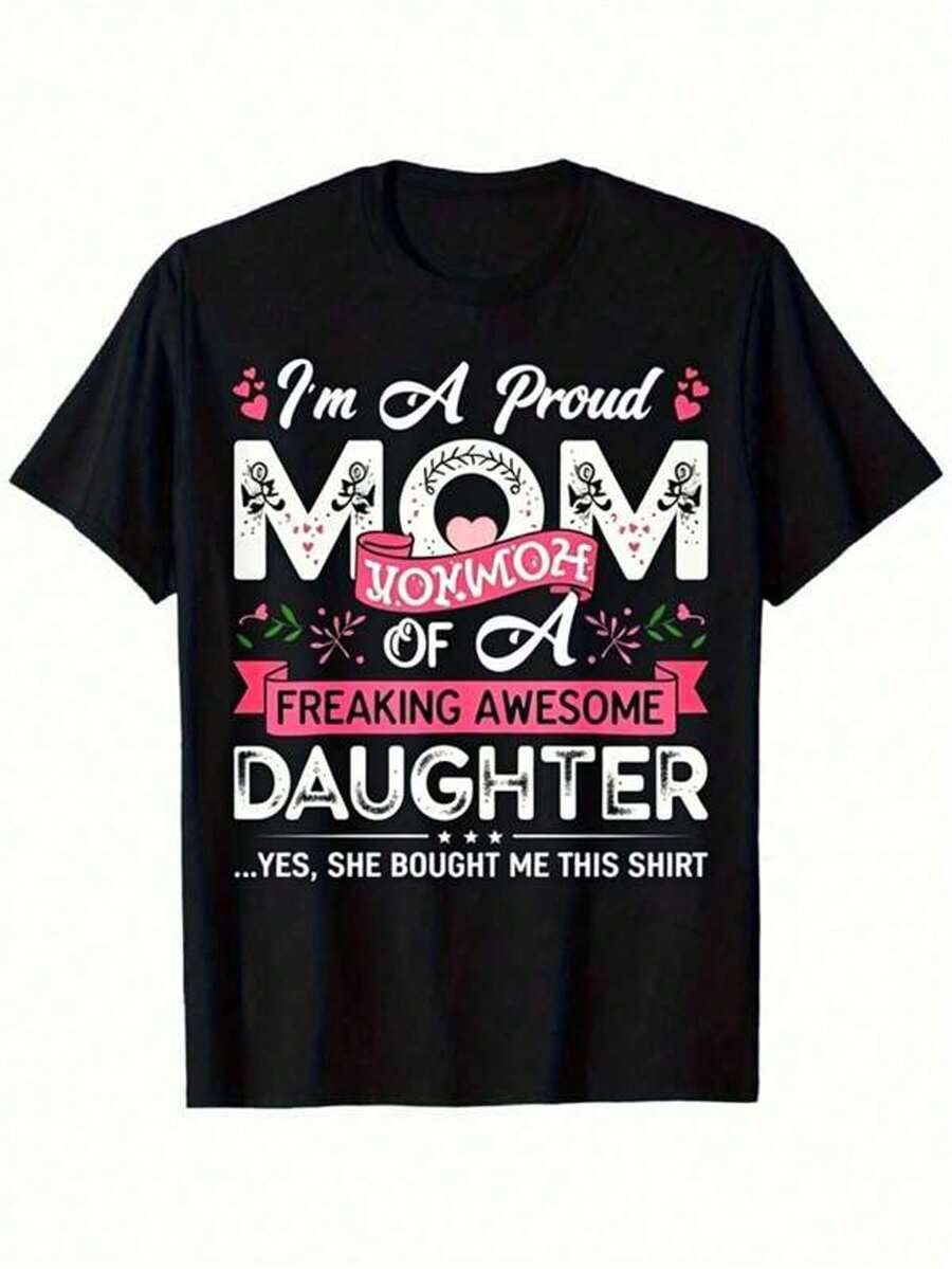 Camiseta de mujer estilo "Proud Mom" con dise￱o gr£fico - Base negra con texto blanco, rosa y rojo y patr￳n floral | Dise￱o con forma de coraz￳n con lemas divertidos | El regalo perfecto para hijas y madres que aman el humor | Parte superior vers£til de uso diario 100% algod￳n