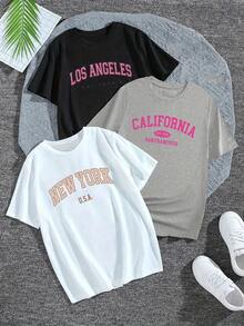 Camiseta Casual con Letras de Nueva York, Conjunto de 1 Pieza, Estilo Holgado de Cuello Redondo y Manga Corta para Mujer, Nueva Colección de Verano - Blanco - Ver 7