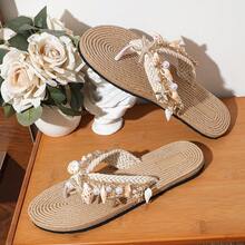 Elegant Bohemian Style Shell & Starfish Embellished Sandals, Fashionable & Chic For Beach, Party, Holiday, Suitable For Summer - Beige - View 2