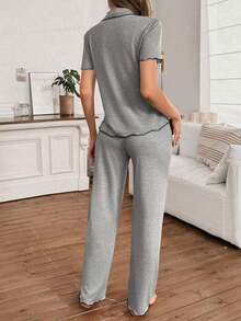 Mono de verano de punto ligero y suelto con volantes, de tela roja, de estilo casual y holgado para mujer - Gris Claro - Ver 3