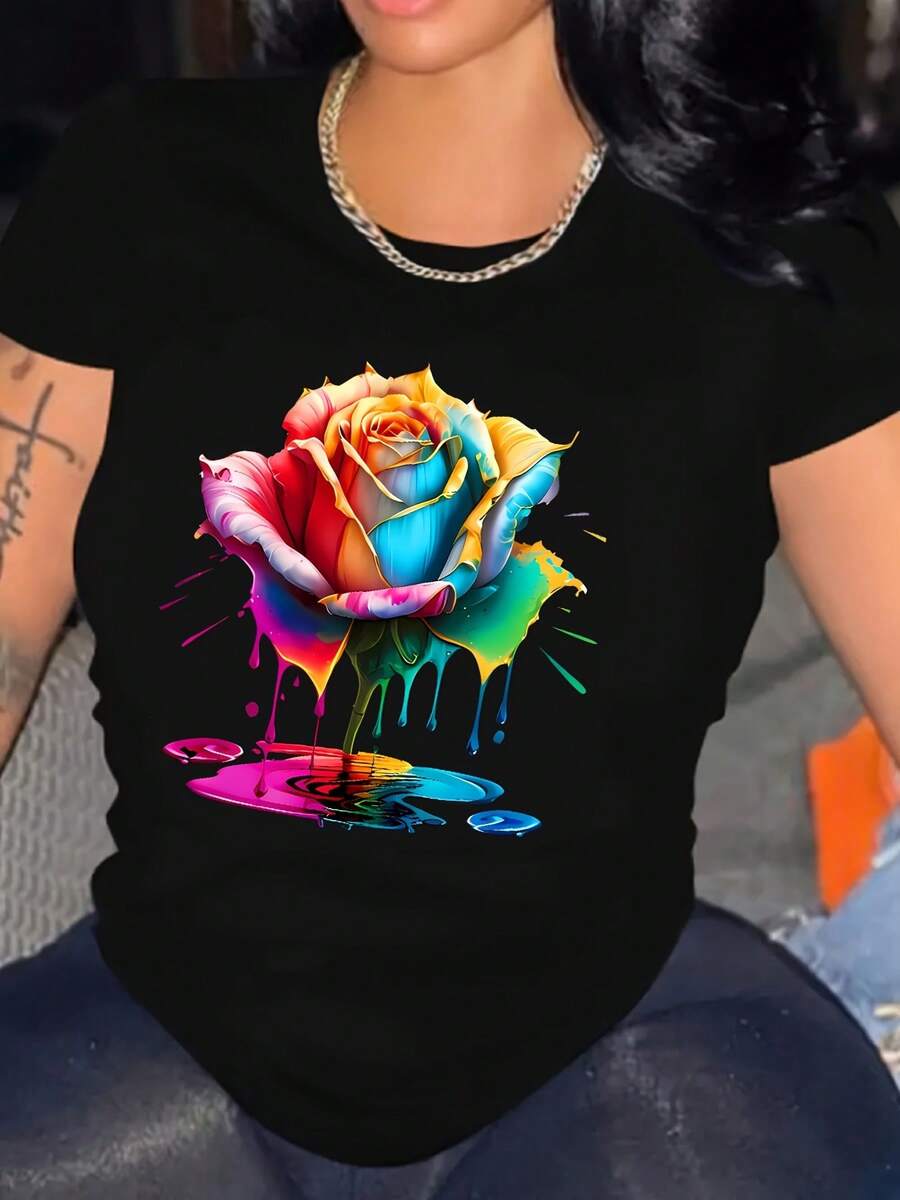Women's Short-Sleeved Cotton T-Shirt. A Stylish And Cute Short-Sleeved T-Shirt With A Colorful Rose Print, Perfect For Casual Outings, Shopping, And Get-Togethers. - 黑色 - 查看 1