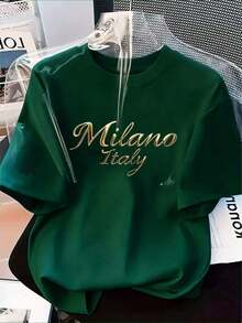 Soft And Versatile Women's T-Shirt With Stylish "MILANO ITALY" Letter Print - Comfortable Casual Round Neck Short Sleeve Top, Suitable For All Seasons, Versatile T-Shirt | Handwritten Style Top | Minimalist White Summer Design - 綠色的 - 查看 6