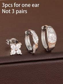 3PCS Fashion Irregularity Sun Hoop Earrings Sets For Women Four Leaf Grass Ear Stud Aesthetic Luxury Designer Jewelry Gifts - 3PCS-silver - View 4