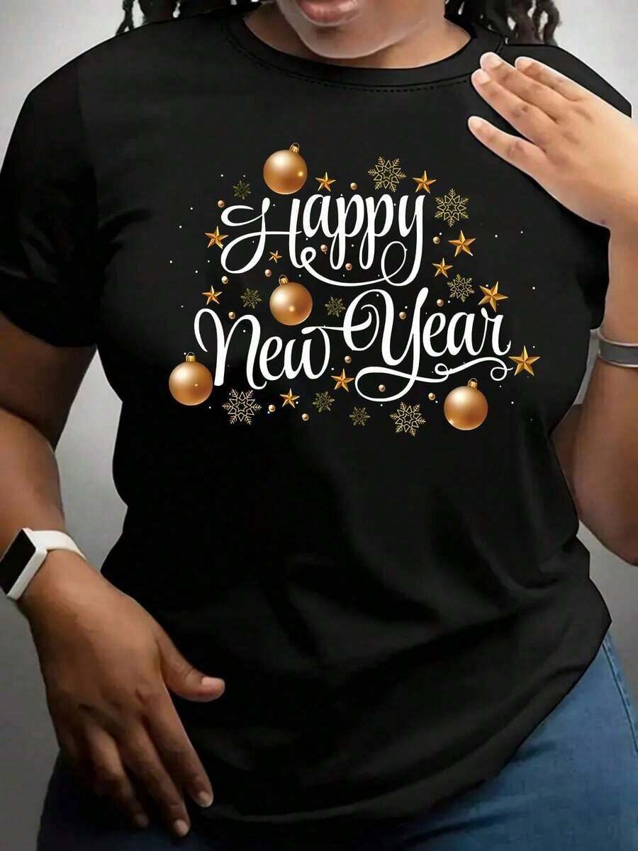 Gift! 1 Piece Available! Special Edition "Happy New Year" Women's Round Neck Printed T-Shirt, A Must-Have Gift, Gift-Quality, Suitable For All Sizes And Skin Tones, Local Warehouse, 100% Pure Cotton, Soft Fabric. - 黑色 - 查看 1