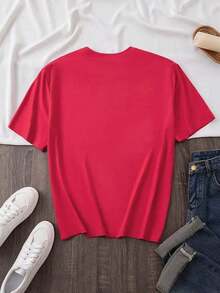 Gift 1 Piece Casual Fashion For Men And Women, Short Sleeve Crew Neck T-Shirt With Fun Print For Women, Lightweight Luxury, Simple Style, Holiday Party, Letter And Animal Pattern Print, Breathable, Vintage, Casual, Elegant Style, Cartoon Letter Print, Perfect Choice, Crew Neck T-Shirt, Versatile Top, Comfortable And Versatile For Daily Wear, Easy To Match, Daily Outfit, Urban Style, Holiday Outfit, Weekend Outfit. Soft - 紅色的 - 查看 3