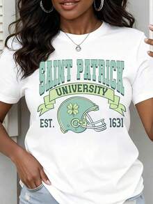 Women's Crew Neck T-Shirt With St. Patrick's University Football Helmet And Shamrock Print, Short Sleeve, Casual Clothing For College Sports Fans - 白色 - 查看 7